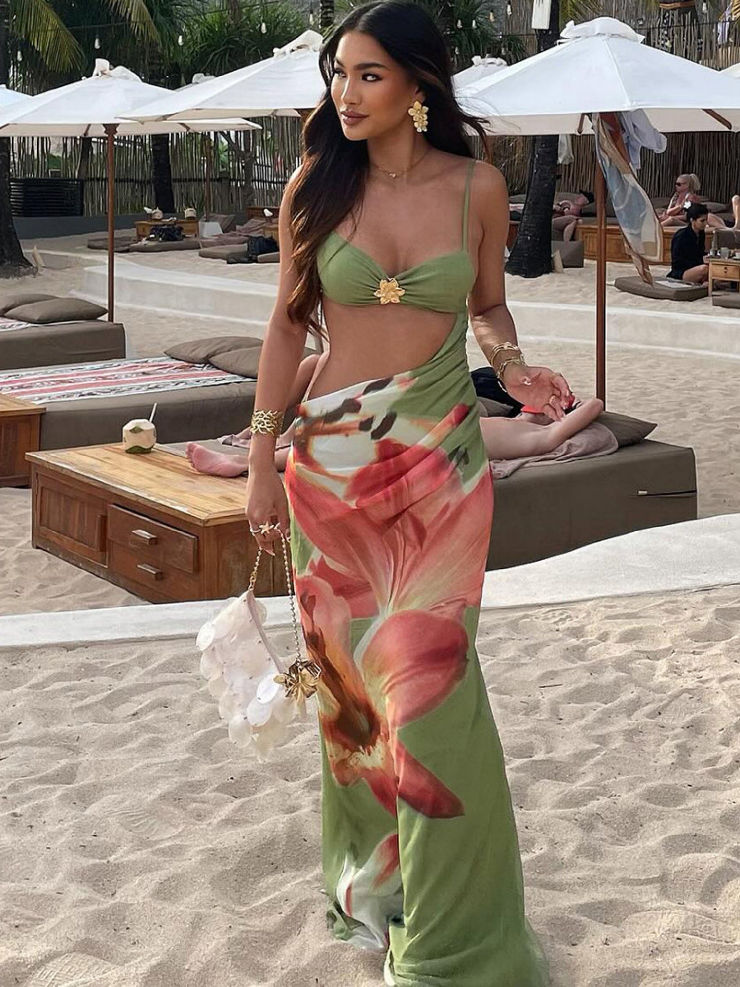 Printed Color Blocking Backless And Navel Exposed Strapless Bra Maxi Dresses