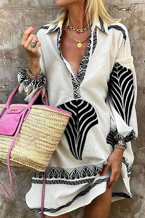 Embroidered V-Neck Balloon Sleeve Oversized Mini Dress