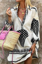 Embroidered V-Neck Balloon Sleeve Oversized Mini Dress