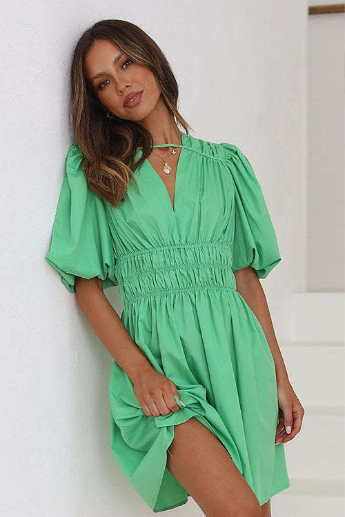 Deep V-Neck Bar Strap Puff Sleeve Smocked Waist Flared Mini Dress