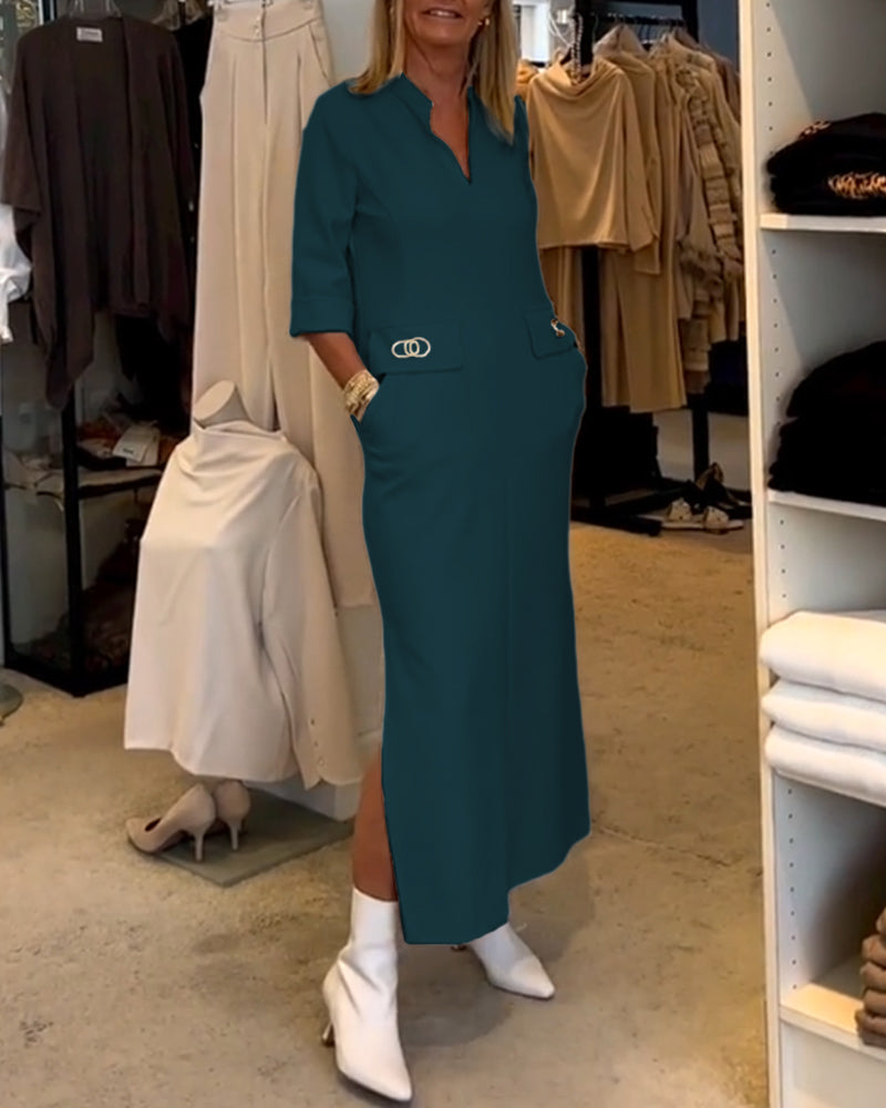 Scarlett Elevated Solid Color Slit Dress with 3/4 Sleeves Everyday Luxe Edit