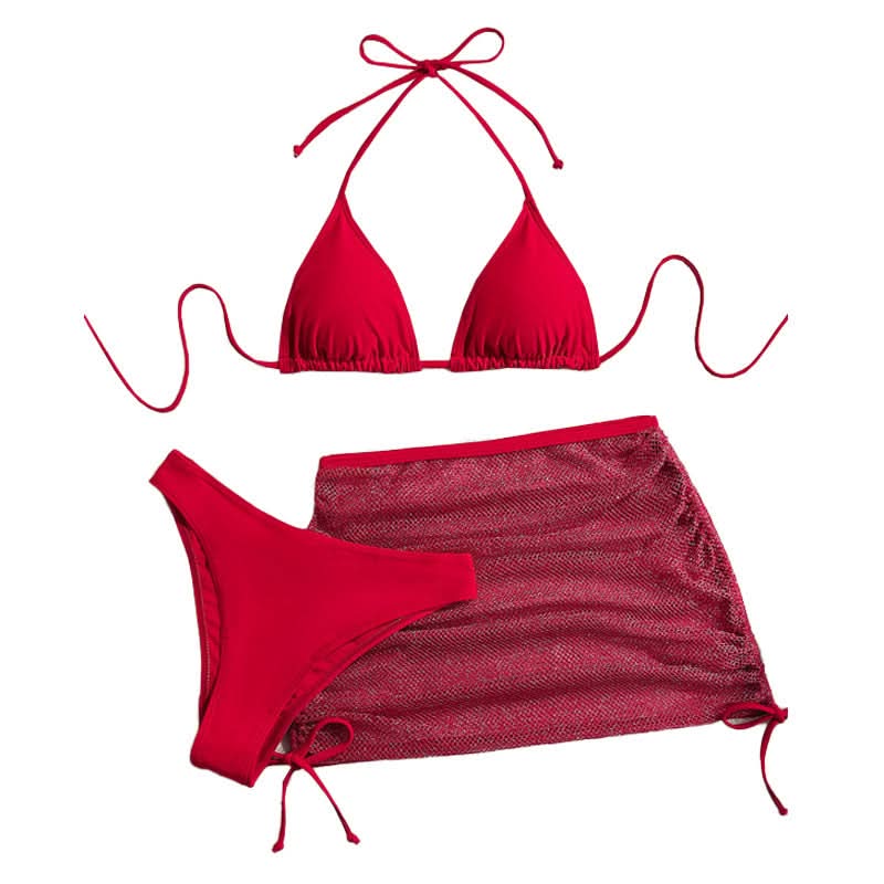 Ruched drawstring halter self tie 3 piece swimwear