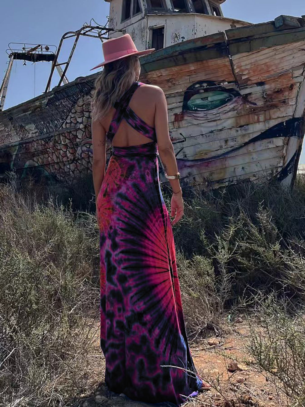 Tie Dye Print Halter Deep V-Neck Wrapped Waist Bodycon Maxi Dress