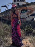 Tie Dye Print Halter Deep V-Neck Wrapped Waist Bodycon Maxi Dress