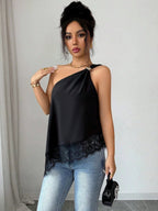 Irregular Hem Lace Stitching Sloping Shoulders Metal Tank Tops&Camis