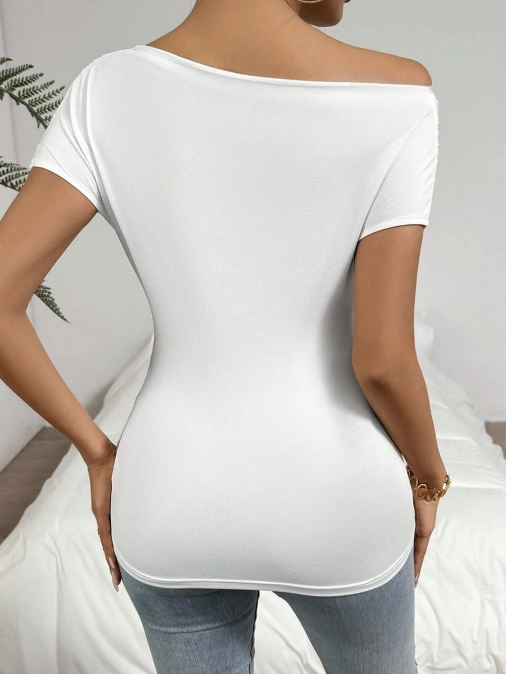 Pleated Asymmetrical Collar V-neck Short-sleeved T-shirt