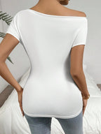 Pleated Asymmetrical Collar V-neck Short-sleeved T-shirt