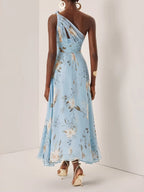 One Shoulder Grace Floral Print Chiffon Vacation Reunion Maxi Dresses