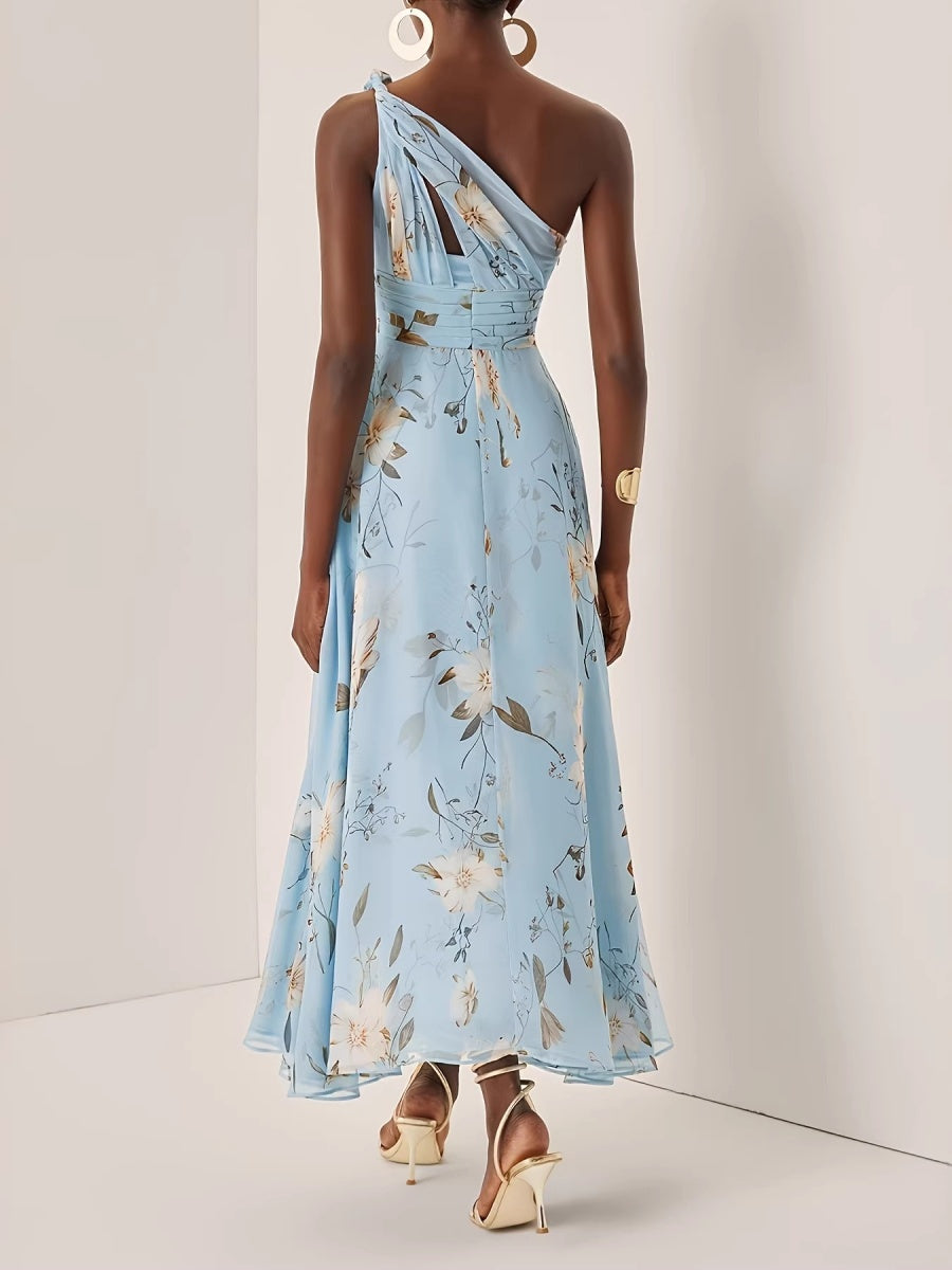 One Shoulder Grace Floral Print Chiffon Vacation Reunion Maxi Dresses