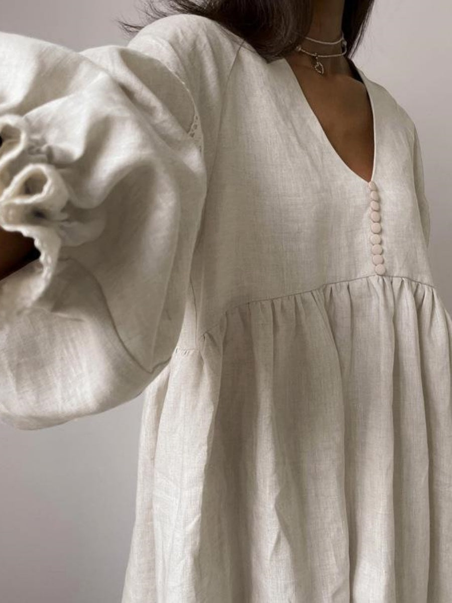 Cotton Blend Temperament V-neck Long Sleeve Loose-fit Home Vacation Mini&Short Dresses