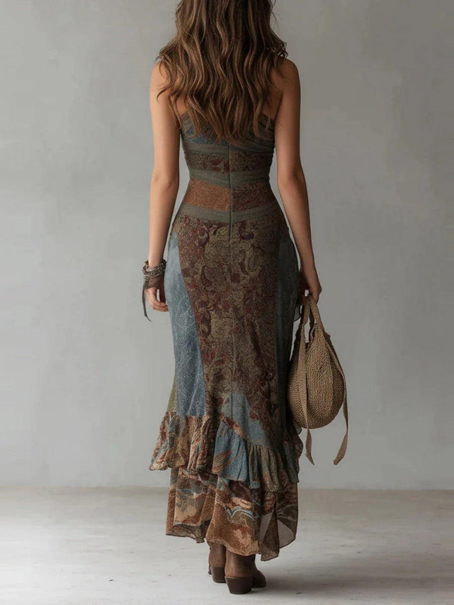 Hippie Style Vacation Retro Asymmetrical Sloping Shoulders Maxi Dresses