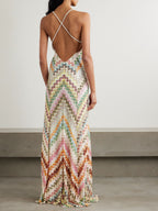 Halter V-Neck Chevron Crochet Knit Maxi Dress