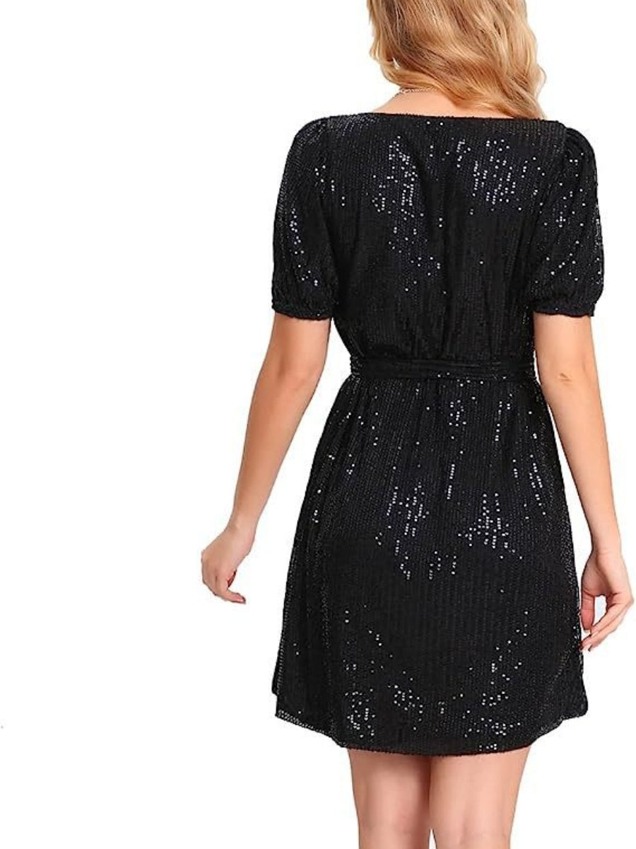 Short Sleeve Loose-fit Lace Up Sequins Temperament Mini&Short Dresses