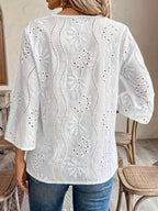 Lace Cutout Chiffon Embroidery V-neck  Flare Sleeve Long-sleeved T-shirt