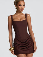 Square Collar High Waist Pleated Parties Cocktail Party Fishbone Decoration Satin Short Dress