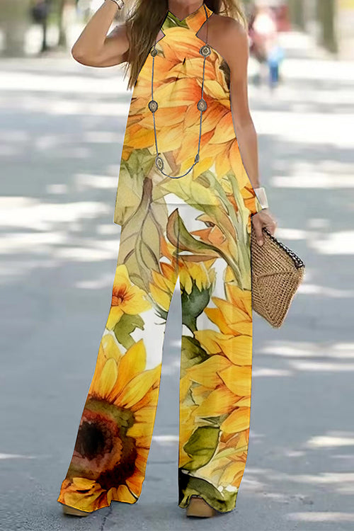 Criss Cross Halter Sleeveless Top Wide Leg Pants Printed Vacation Set