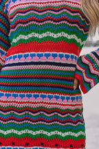 Striped Crochet Knit Crew Neck Bell Sleeve Mini Dress