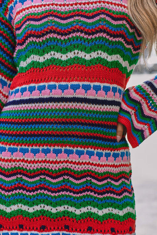 Striped Crochet Knit Crew Neck Bell Sleeve Mini Dress