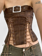 PU Leather Openwork Straps Metal Buckle Bra Strapless Vest