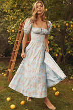 Ditsy Floral Milkmaid Puff Sleeve Side Slit Midi Dress