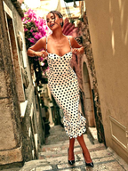 Polka Dot Fitted Ruched Skirt Midi Dress