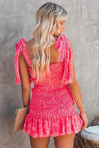 Floral Print Smocked Tie Shoulder Ruffle Hem Mini Dress
