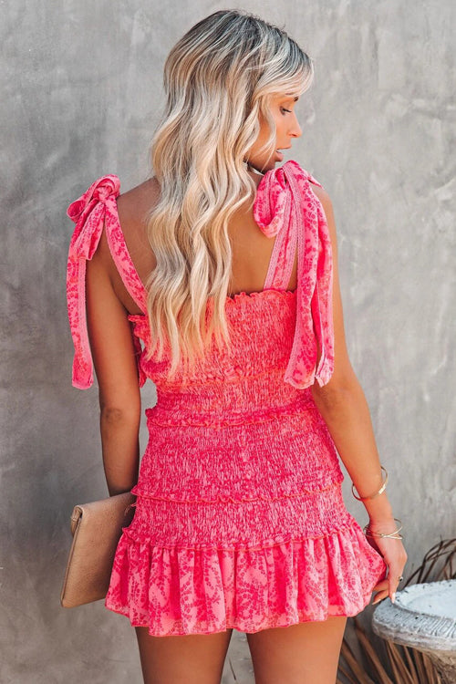 Floral Print Smocked Tie Shoulder Ruffle Hem Mini Dress
