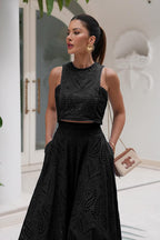 Eyelet Lace Heart Print Scalloped Trim Crop Top Wide Leg Pants Two Piece Set