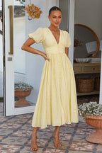 Plisse Texture Puff Sleeve Ruched Waist Button Front Maxi Dress