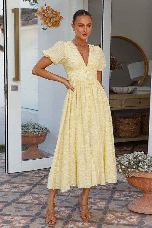 Plisse Texture Puff Sleeve Ruched Waist Button Front Maxi Dress
