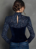 V-neck Lace-trimmed Long-sleeved Velvet Shirt