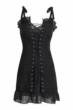 Eyelet Lace Spaghetti Strap Ruffle Neck Lace Up Corset Ruffle Hem Mini Dress
