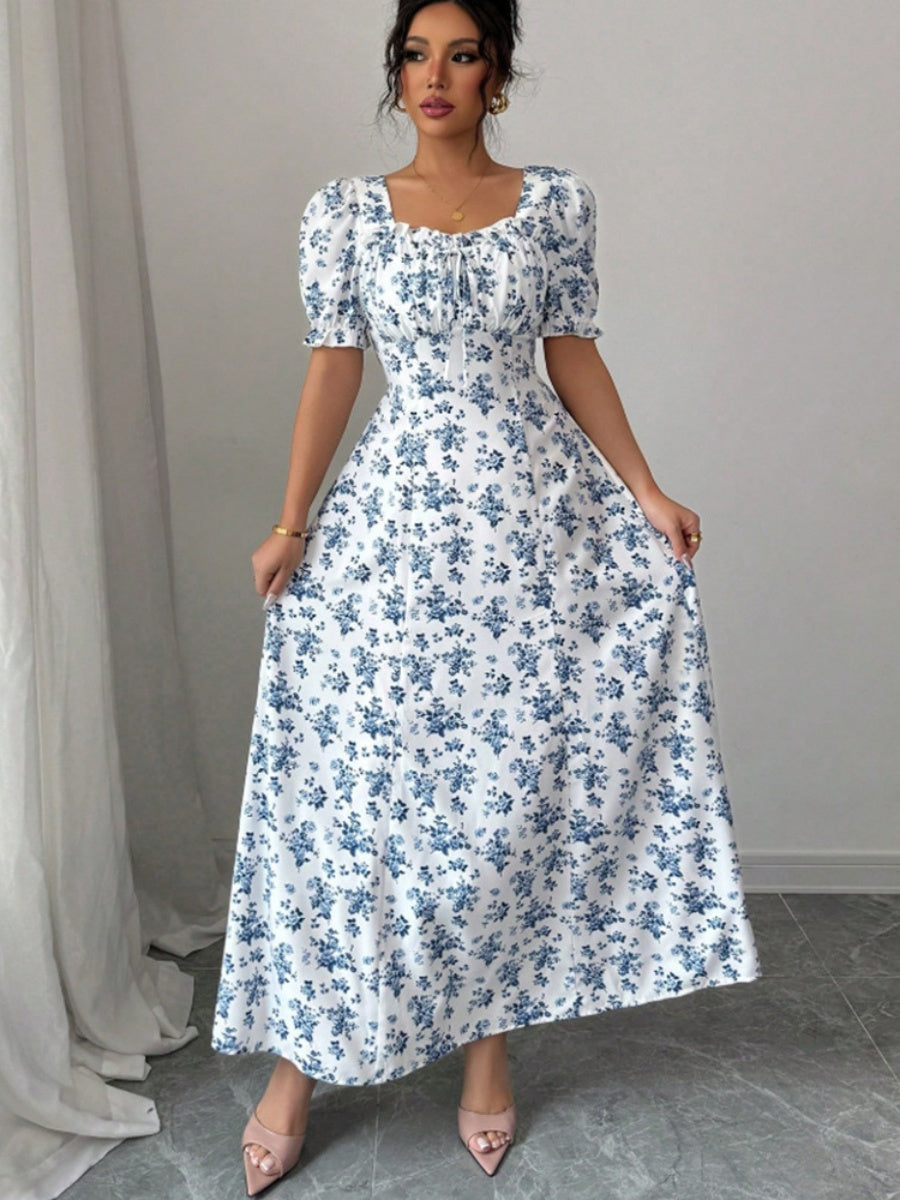Floral Short Sleeve Square Collar Ruffle Vacation And Leisure Maxi Dresses