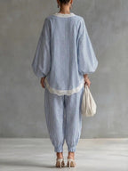 Long-sleeved Blue And White Striped Lace-trimmed Loose-fitting Wide-leg Pants Two-piece Set