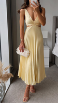 Beatriz Minimalist Pleated Long Dress with a Cut Out Waist Statement Occasion Edit