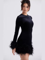 Black Furry Cuffs And Hem Velvet Mini&Short Dresses