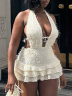 Hollow Out Deep V Neck Strap Tutu Backless Mini&Short Dresses