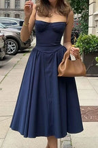 Corset Bustier Spaghetti Strap Basque Waist Gathered Full Midi Dress