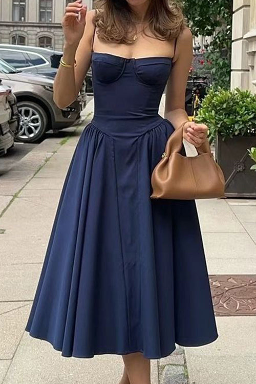 Corset Bustier Spaghetti Strap Basque Waist Gathered Full Midi Dress