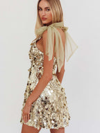 Sexy Halter Top Low-cut Gauze Ribbon Slim Fit Sequins Parties Christmas Party Short Dress