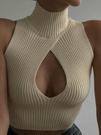 High-necked Sleeveless Openwork Chest Knitted Rib Cropped Vest