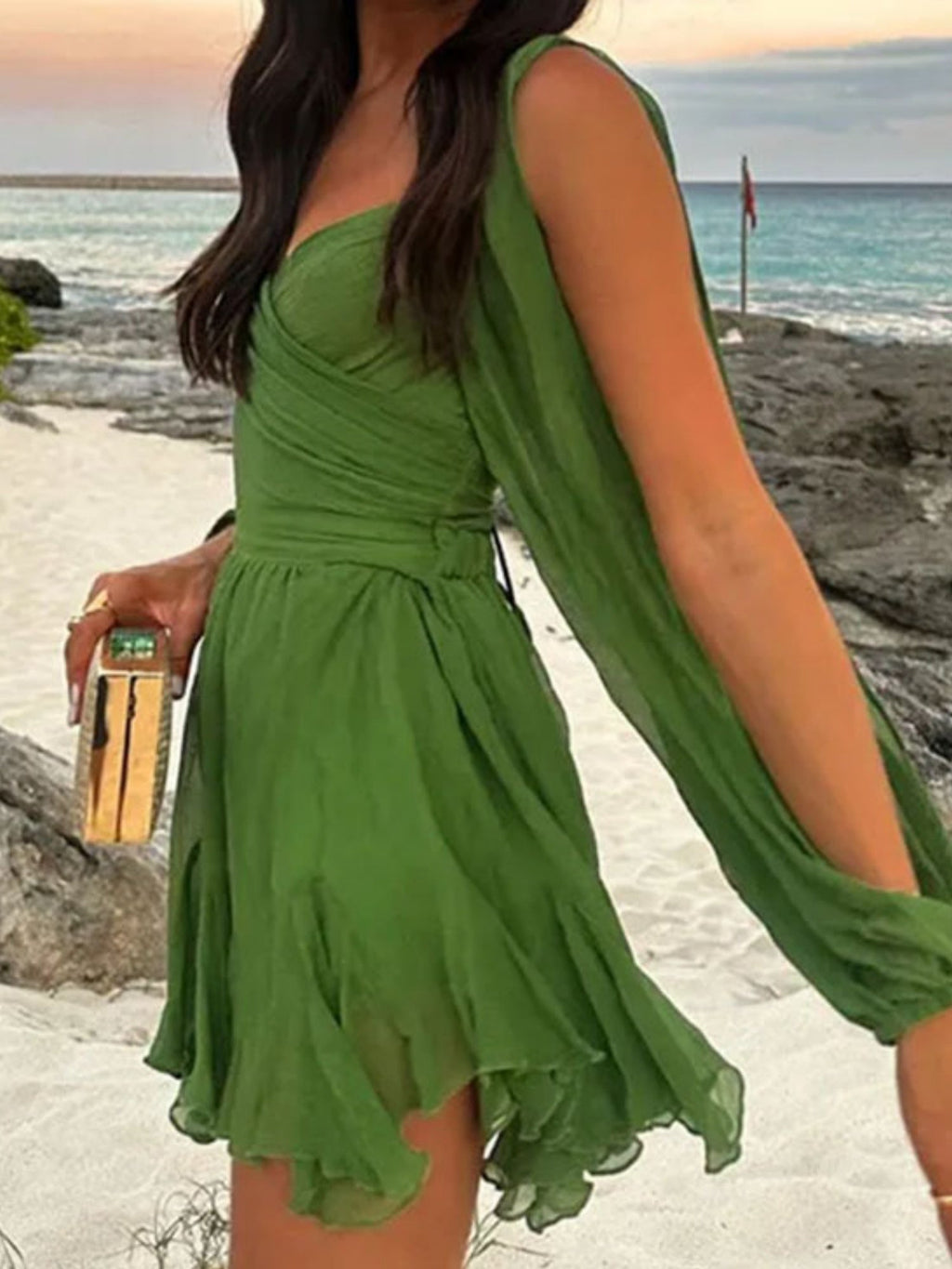 Ruffle Balloon Sleeve Hollow Out Waist Shaping Mini&Short Dresses