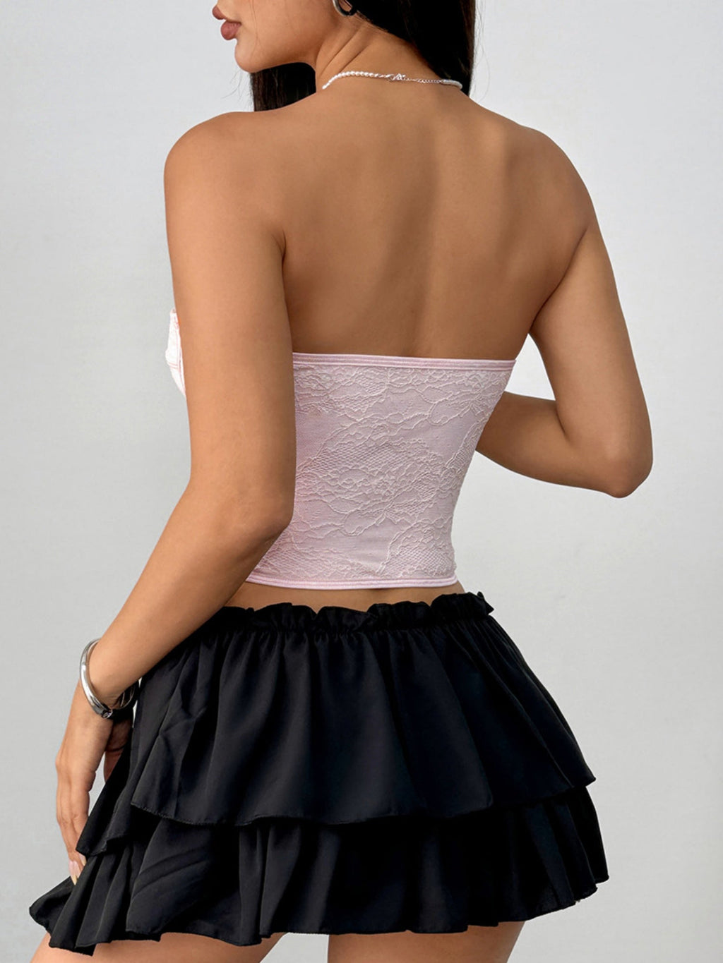 Lace Trim Splicing Buttons Strapless Bra