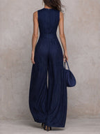 Dark Blue Striped Sleeveless Fitted Waist Wide-leg Jumpsuit