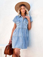 Denim Buttons POLO Collar Short-sleeved Shirt Mini&Short Dresses