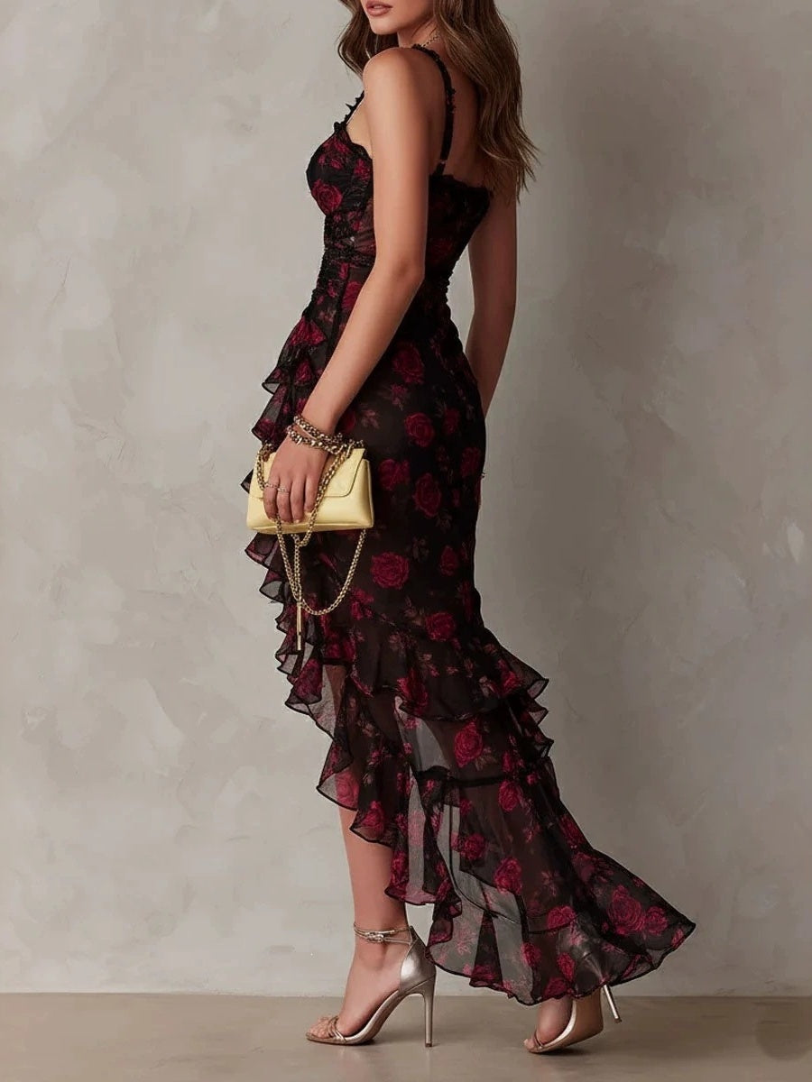 Black Floral Print Irregular Ruffled Spaghetti Strap Maxi Dress