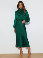 Satin Long Sleeve Loose Turtleneck Midi Dresses