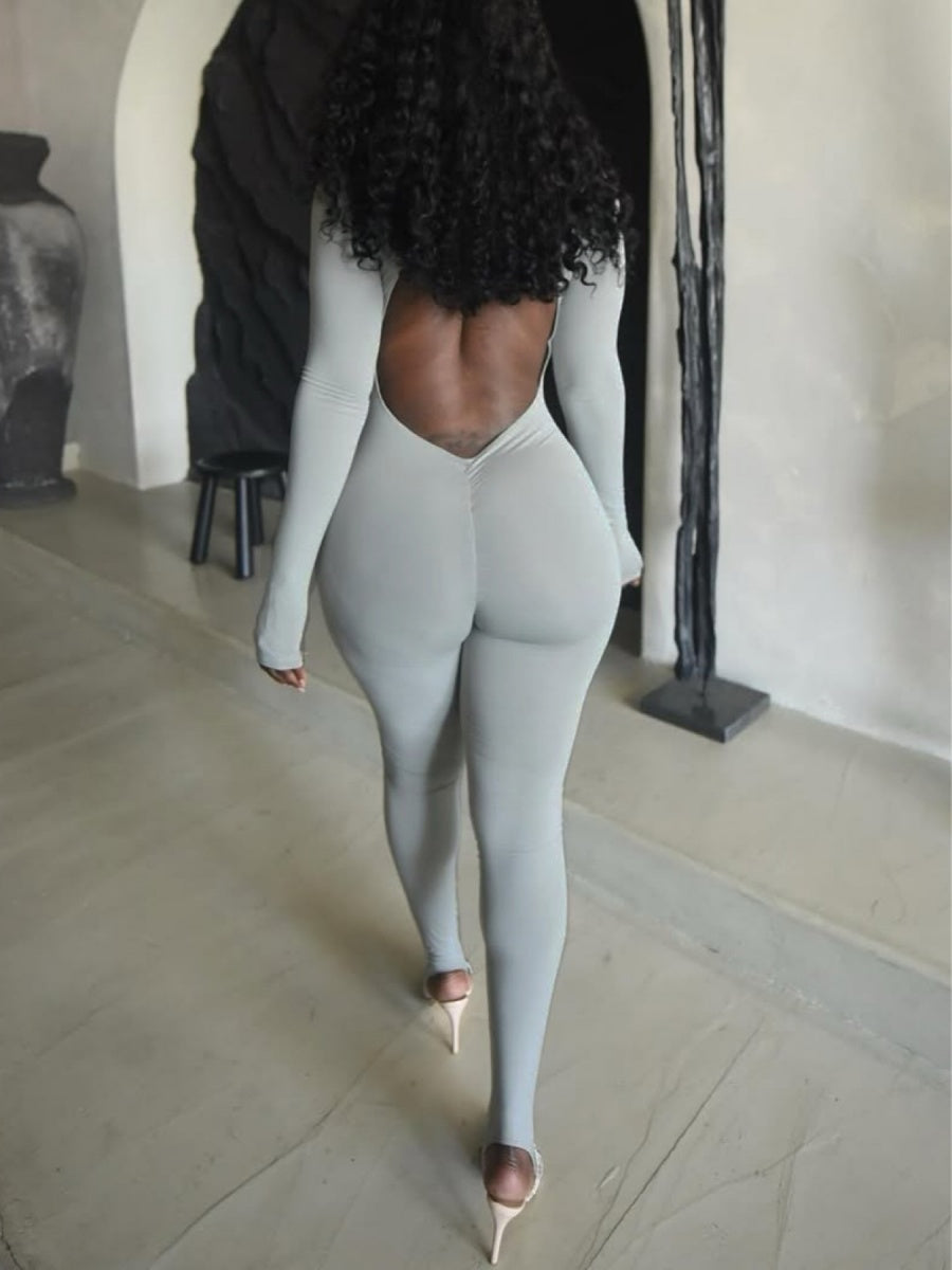 Deep V Backless Tight-fitting, Hip-lifting, Long-sleeved, Solid Color Bodysuits