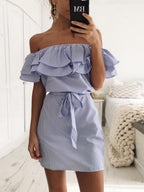 Stripes Ruffle Off-shoulder Mini&Short Dresses