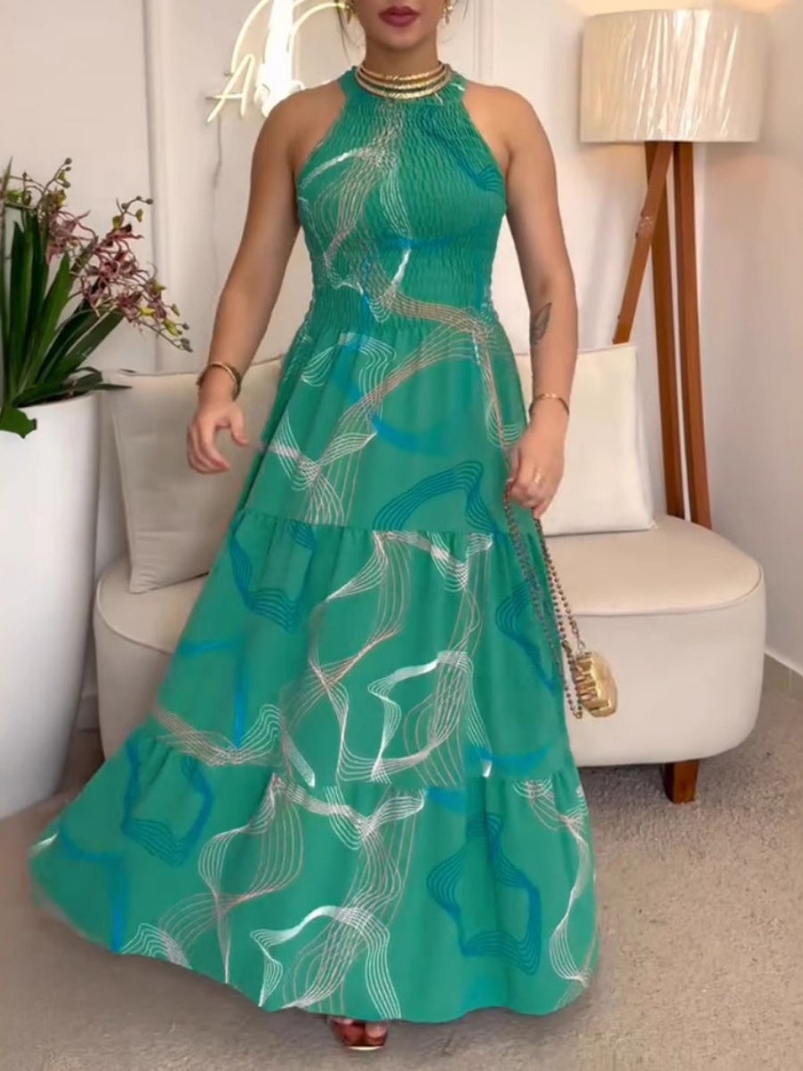 Printed Halter Waist Vacation Temperament Maxi Dresses